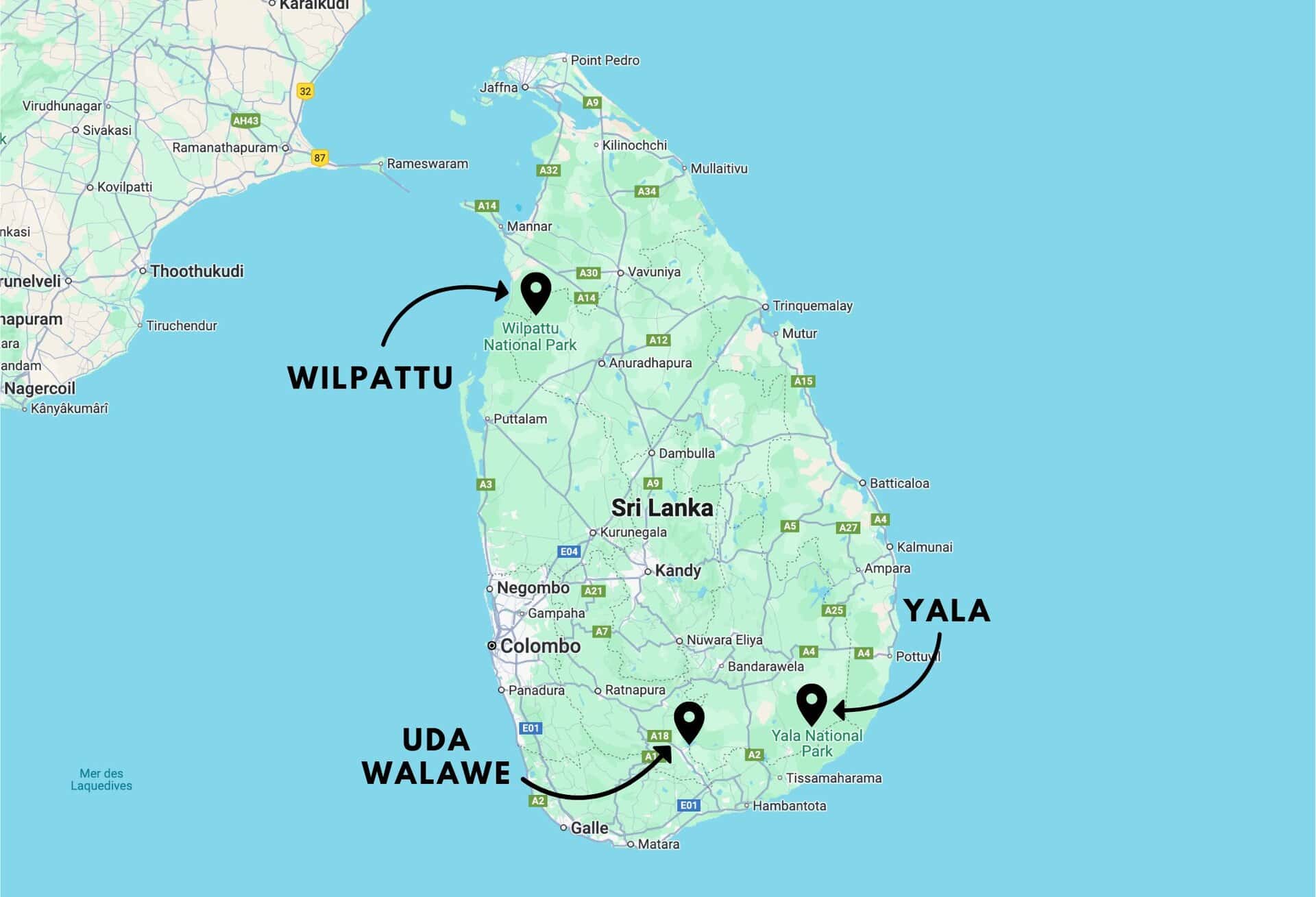 Carte des parcs nationaux du Sri Lanka