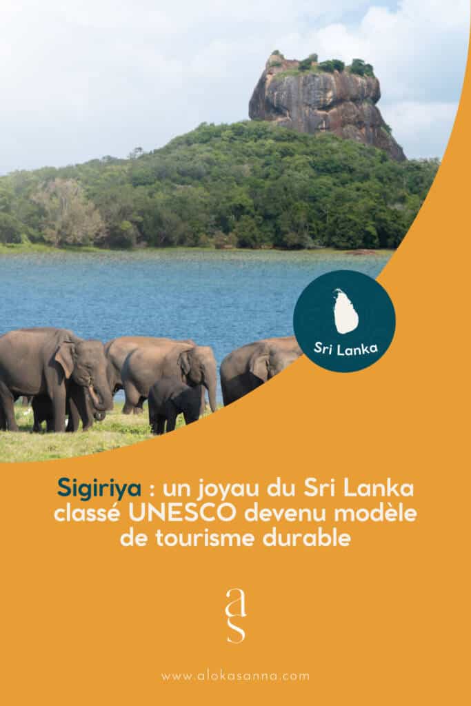Rocher du Lion de Sigiriya au Sri Lanka, avec un éléphant au premier plan, illustrant l’engagement du site pour un tourisme durable entre nature et culture.
