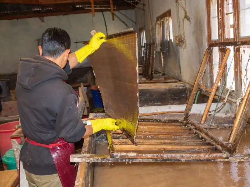 Homme participant au processus de fabrication de papier artisanal au Bhoutan