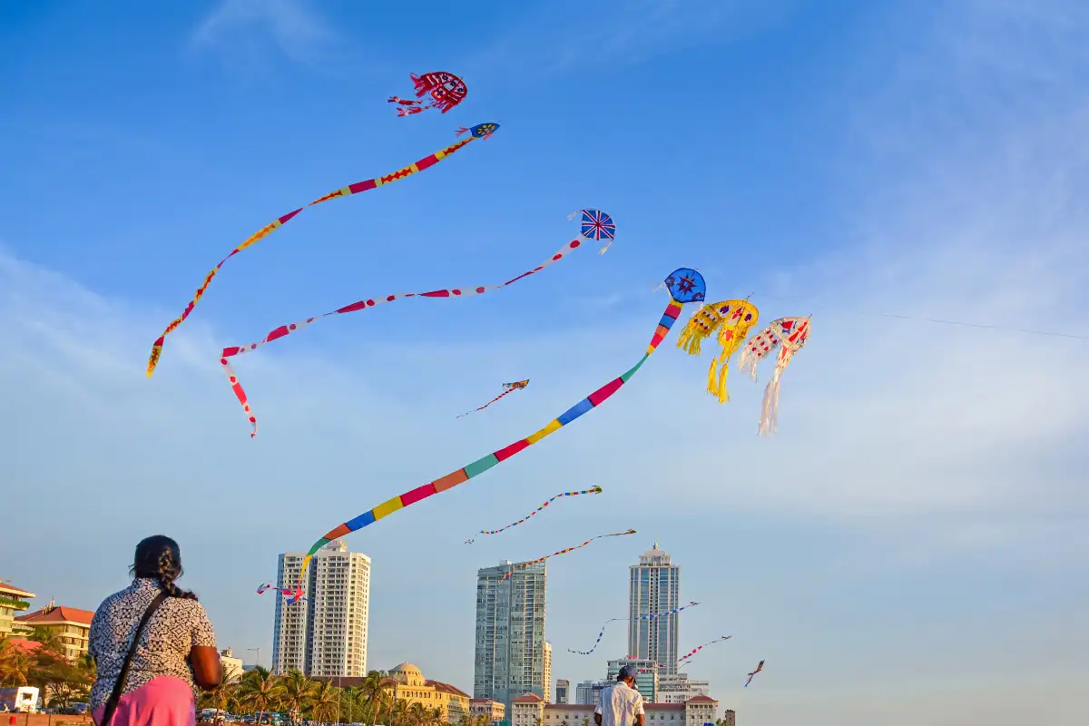 Cerfs-volants qui volent dans le ciel au Sri Lanka à Galle Fort idée d'activité familiale voyage